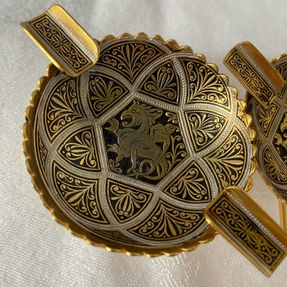 2 Vintage Ashtrays Ash Trays Dragon Warrior Samurai Gold Silver Black - Picture 6 of 9